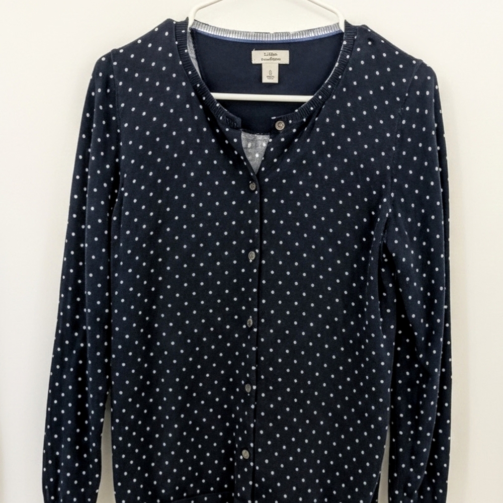 L.L. Bean Navy Polka Dot Cardigan